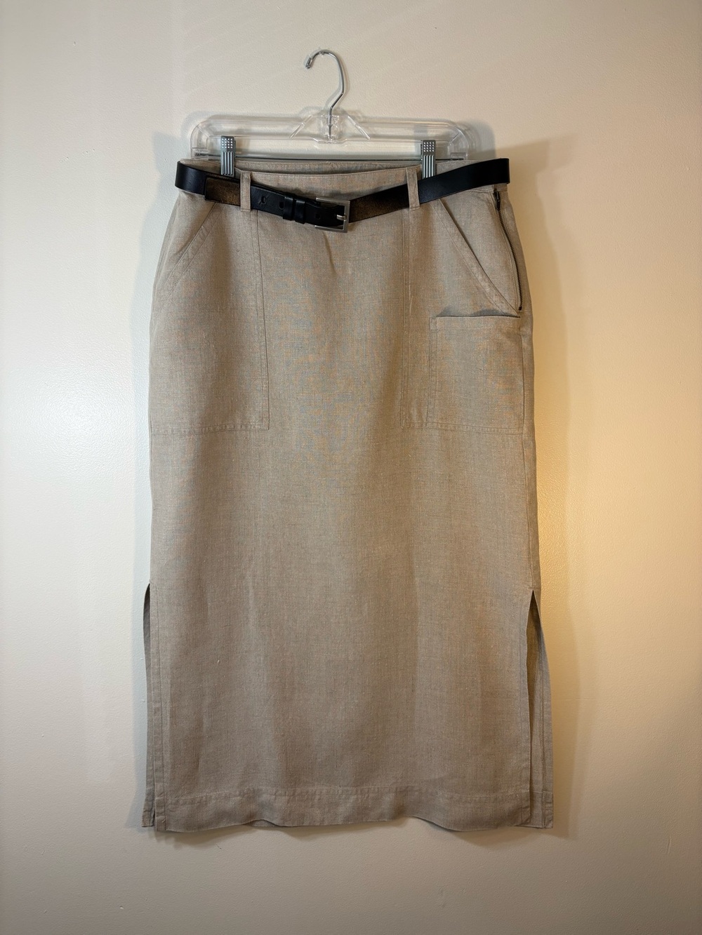 Orvis 100% Linen Utility Midi Skirt Belted Neutral SZ 14 - Picture 3 of 7